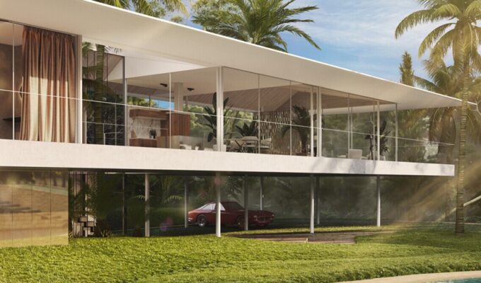Architect-designed glass villa for sale with bespoke interiors and landscaped grounds in son vida